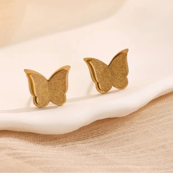 Gold Butterfly Stud Earrings - Picture 2 of 6